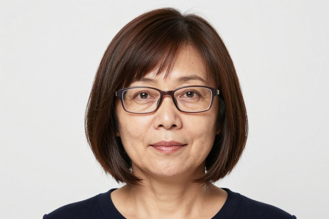 elderly woman with round face and angled bob wearing rectangular glasses