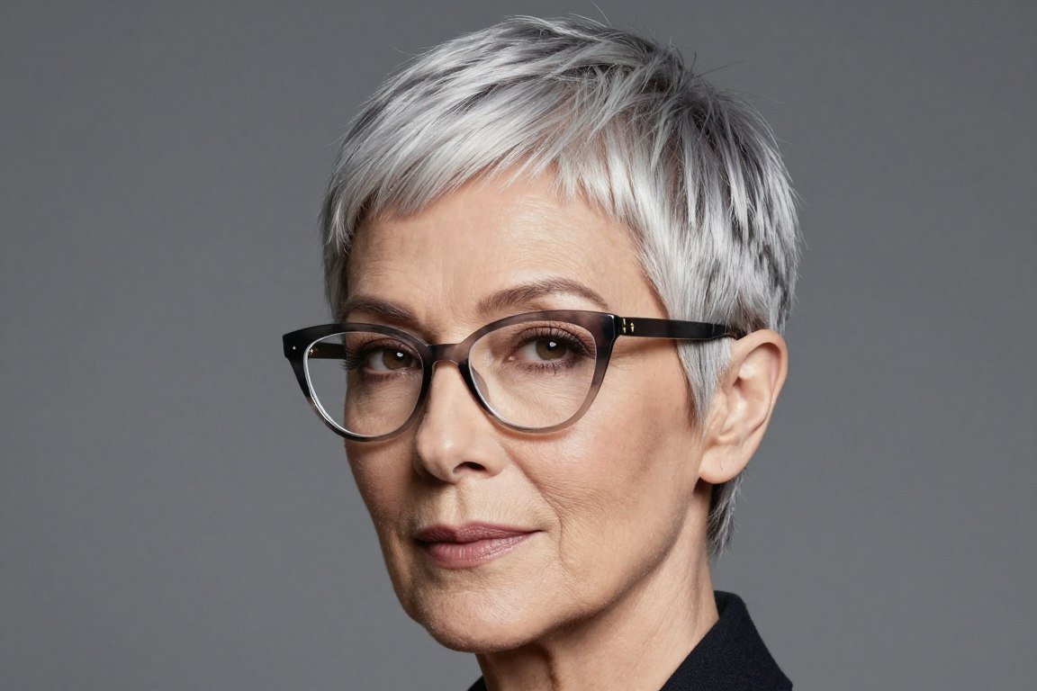 elderly woman with sleek pixie haircut and cat-eye glasses