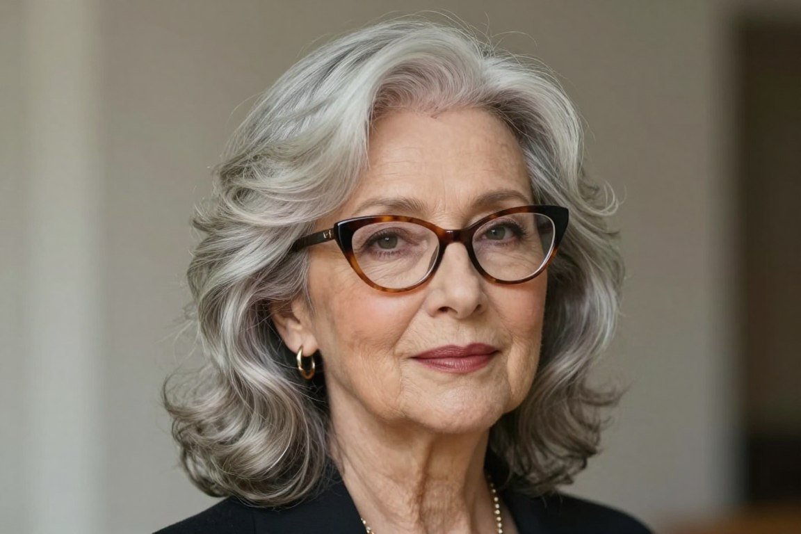 elderly woman with soft waves and cat-eye glasses
