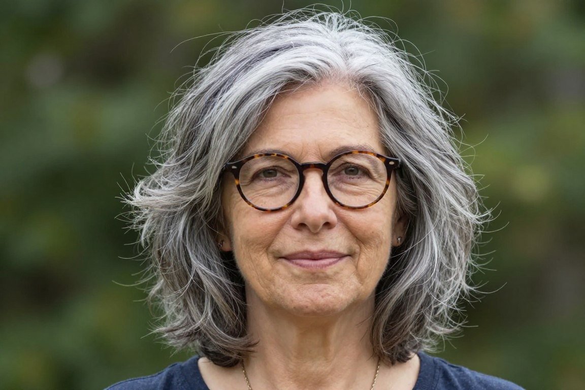 elderly woman with textured lob and round frames