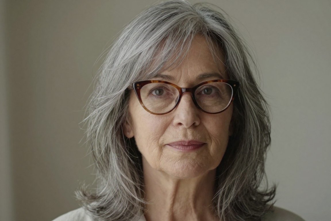 elderly woman with wispy bangs and cat-eye frames