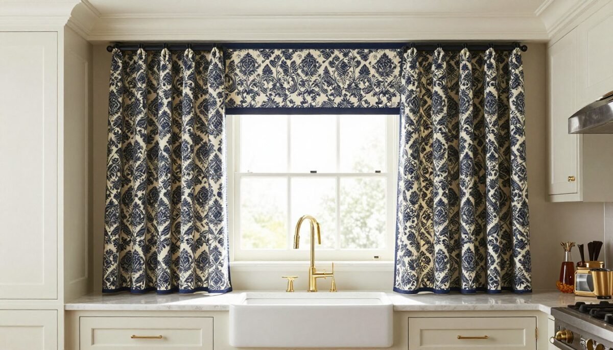 elegant kitchen with medallion pattern curtains creating sophisticated window treatment