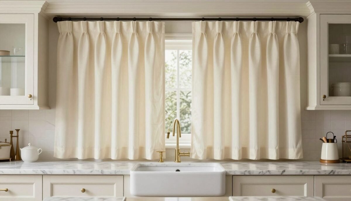 elegant kitchen with pinch pleat curtains above sink creating formal appearance