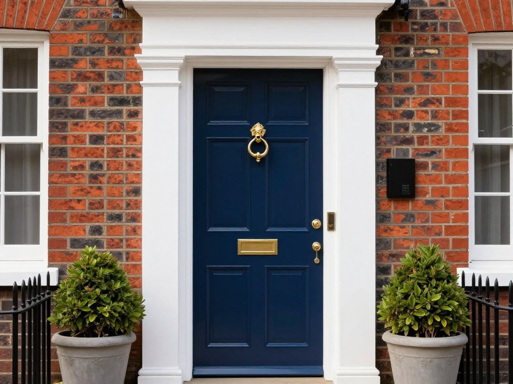 elegant navy blue front door with brass hardware on brick home exterior