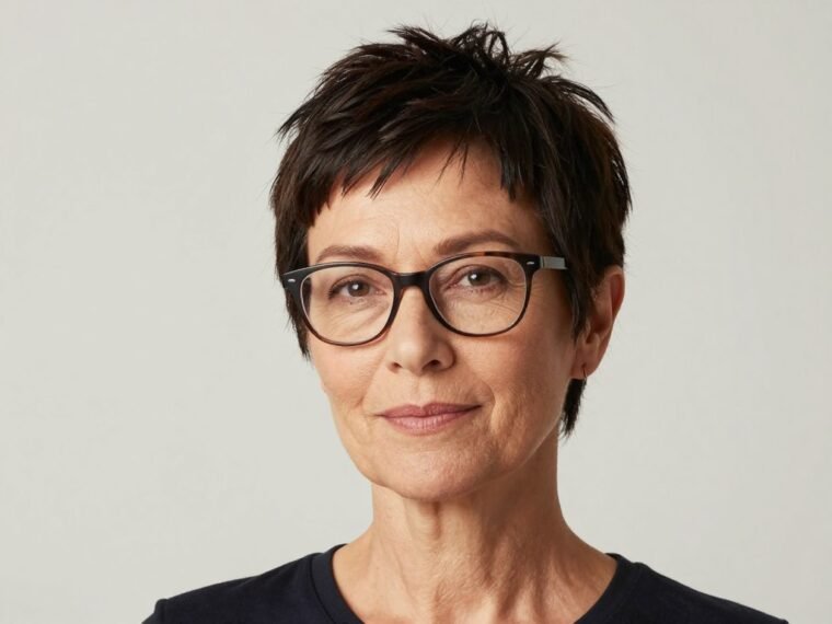 elegant short hairstyle for women over 50 with glasses showing modern pixie cut