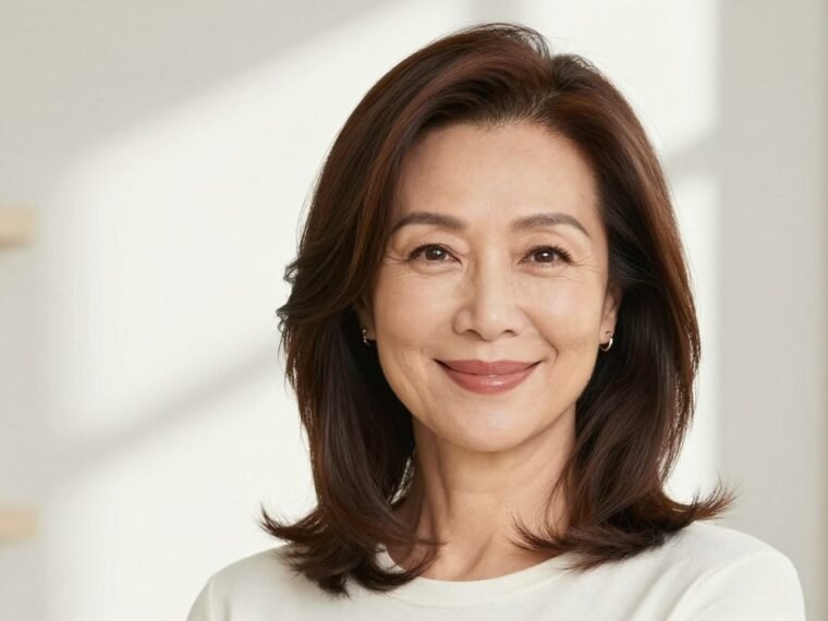 elegant woman over 50 with medium-length layered hairstyle smiling confidently