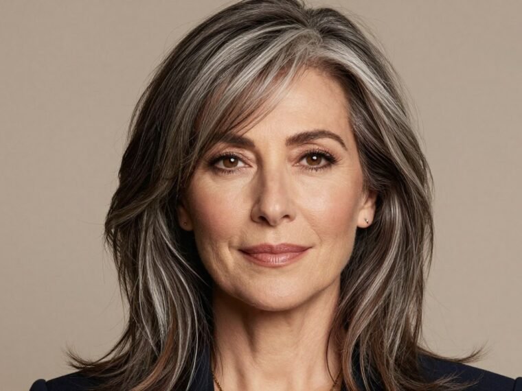 elegant woman over 50 with stylish bangs smiling confidently