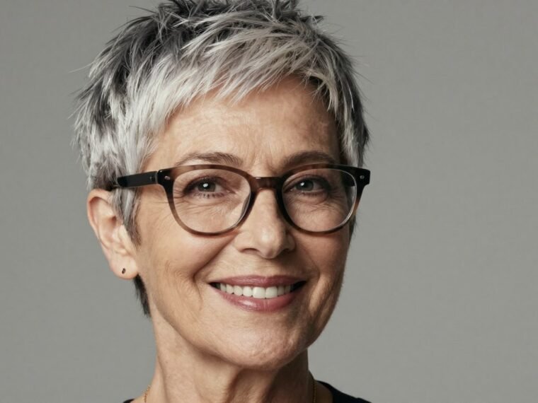 elegant woman over 70 with short pixie hairstyle wearing stylish glasses smiling confidently