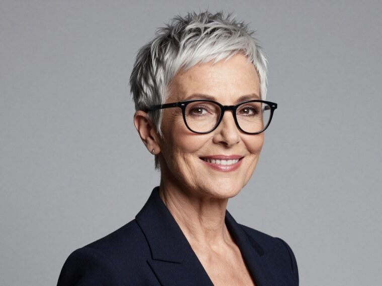 elegant woman over 70 with short silver pixie cut wearing stylish glasses