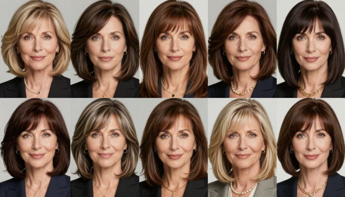 elegant women over 50 with various sophisticated bang styles