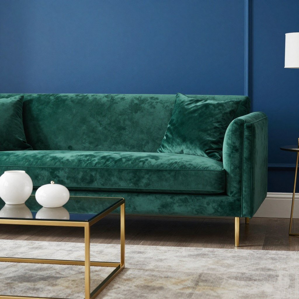 emerald green sofa against cobalt blue wall