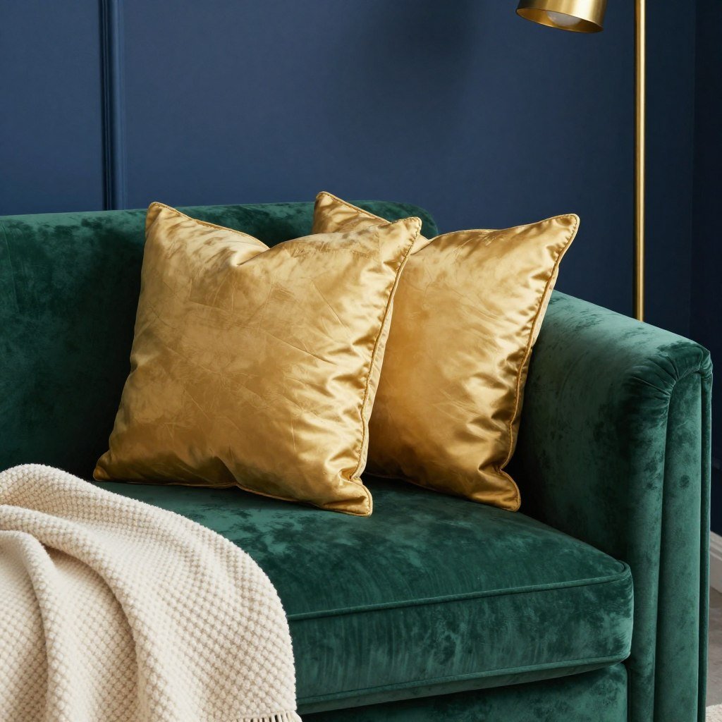 emerald green velvet sofa in navy living room