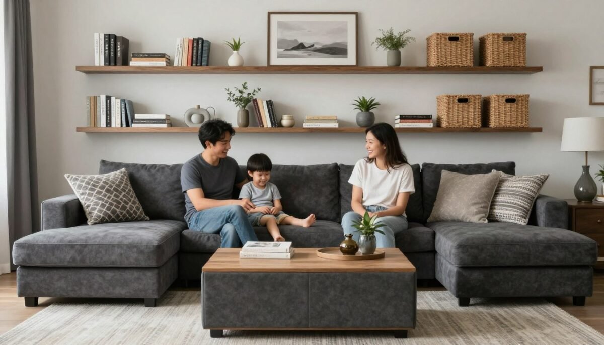 family living room with dark grey couch and smart storage solutions