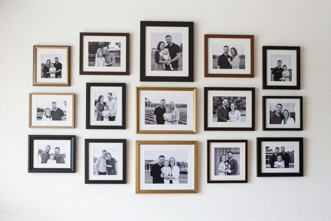 family photo gallery wall in farmhouse living room