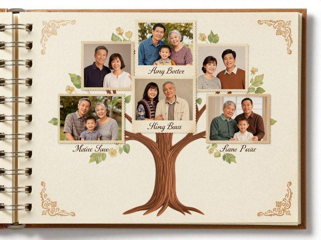 family scrapbook with multiple generation photos