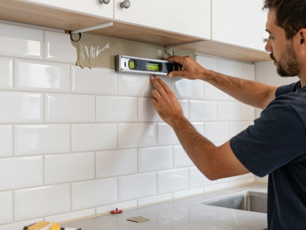 farmhouse kitchen backsplash installation process showing proper technique