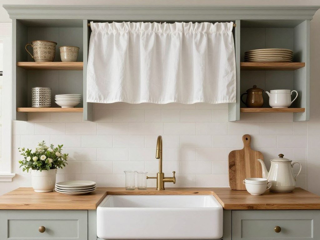 farmhouse kitchen with coordinated white cafe curtains and country decor