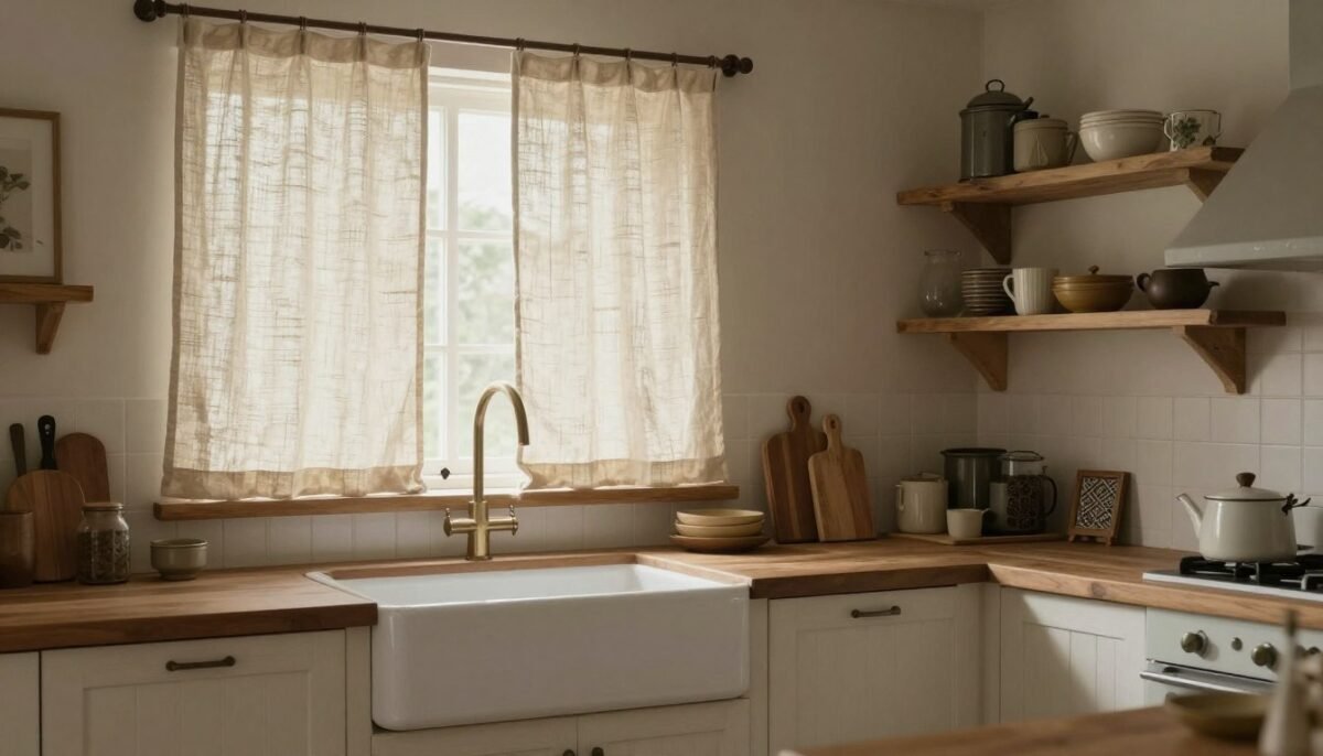 farmhouse kitchen with natural linen curtains over sink window featuring rod pocket installation