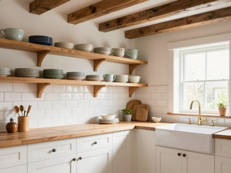 farmhouse kitchen with white subway tile backsplash and open shelving
