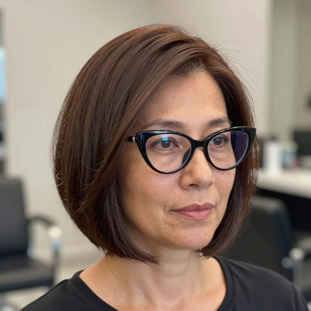 feathered bob with deep side part and cat-eye frames