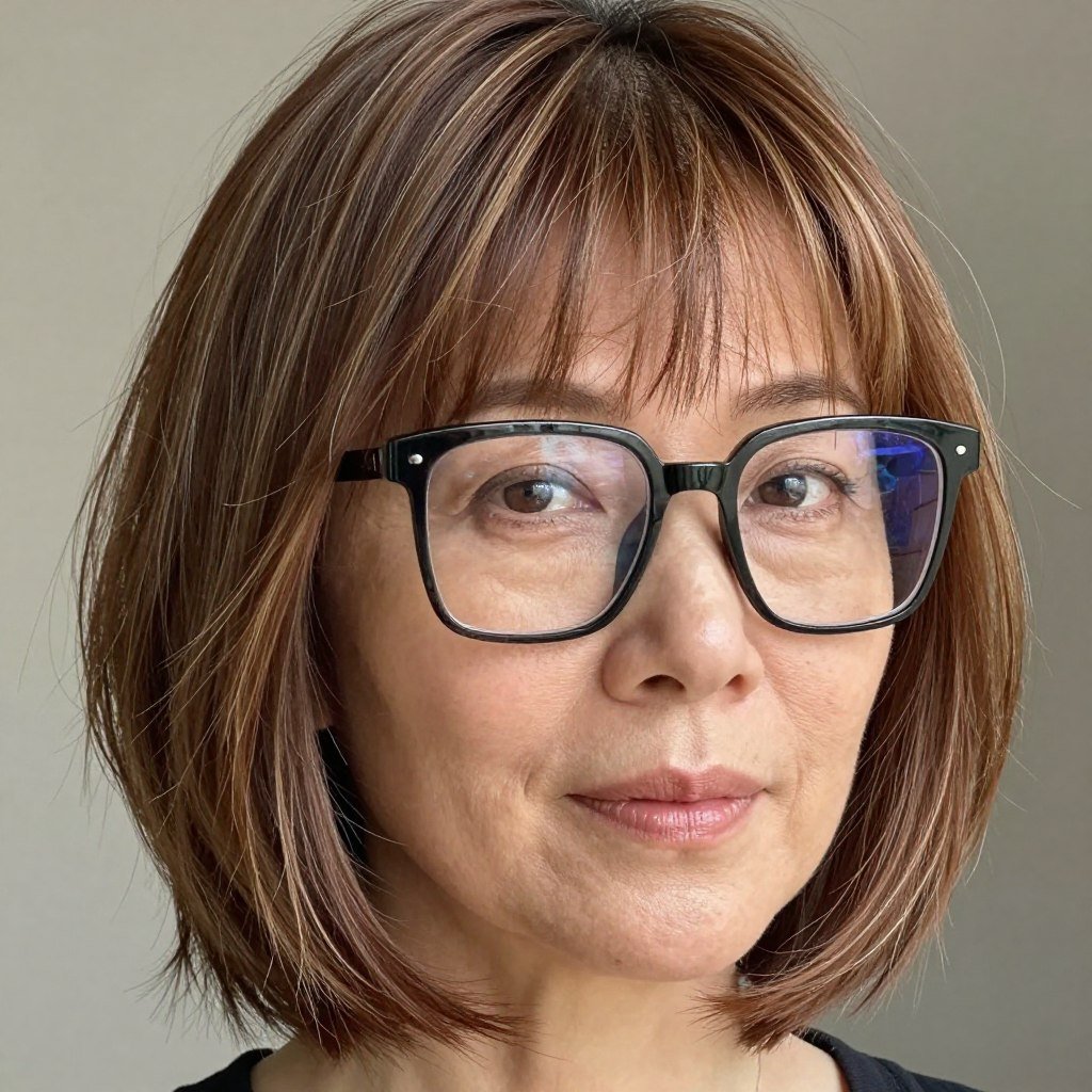 feathered bob with wispy bangs and modern frames