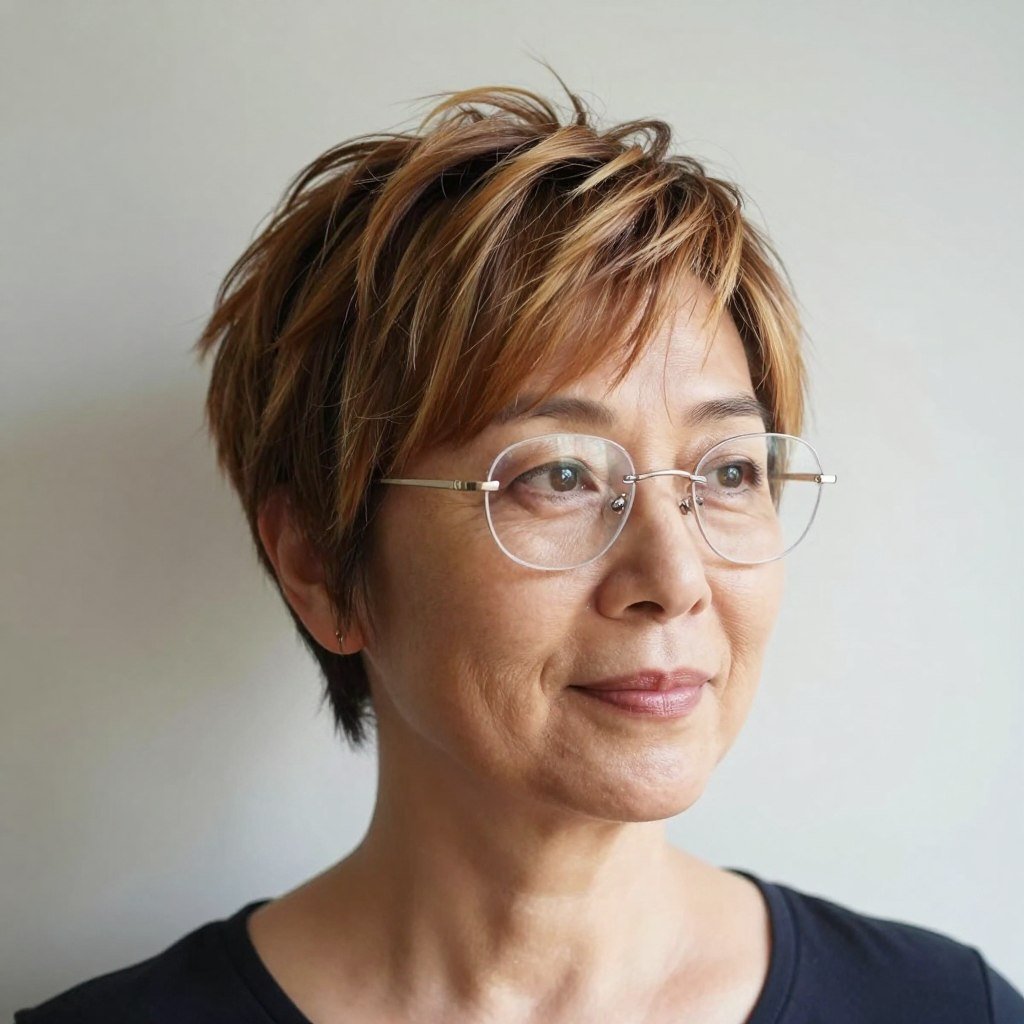feathered pixie cut with delicate rimless glasses