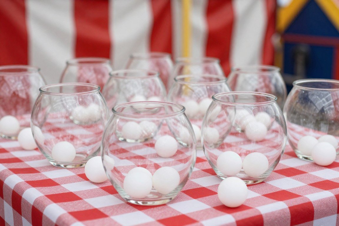 fishbowls arranged for ping pong ball carnival toss game