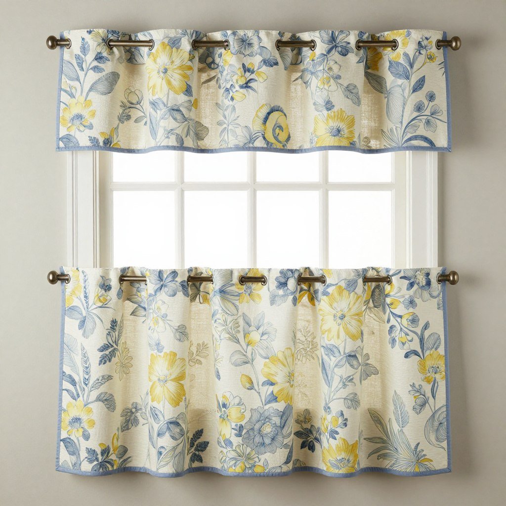 floral pattern tier and valance kitchen curtain set in soft colors