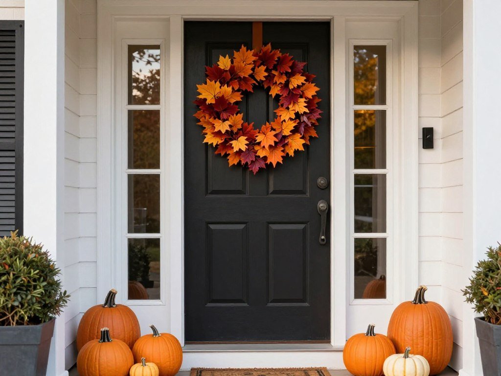 front door decorated with seasonal autumn wreath and pumpkins