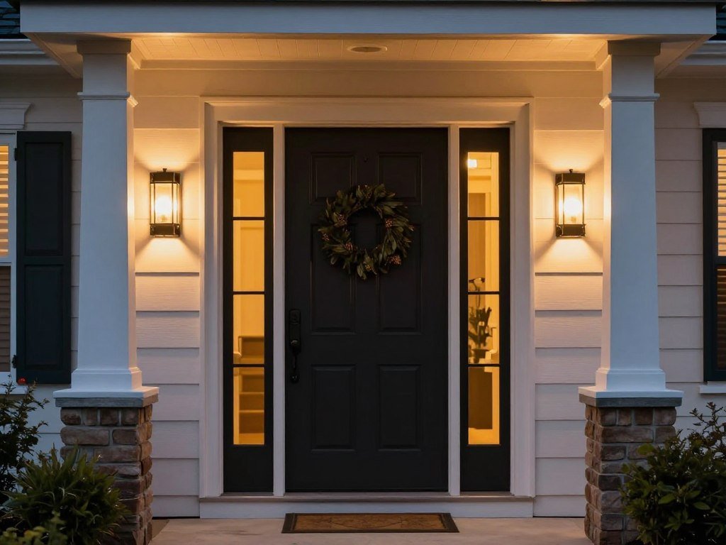 front door illuminated by matching wall sconces at evening