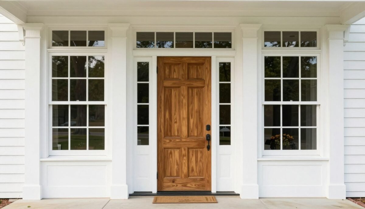 front door with matching sidelight windows creating bright entryway