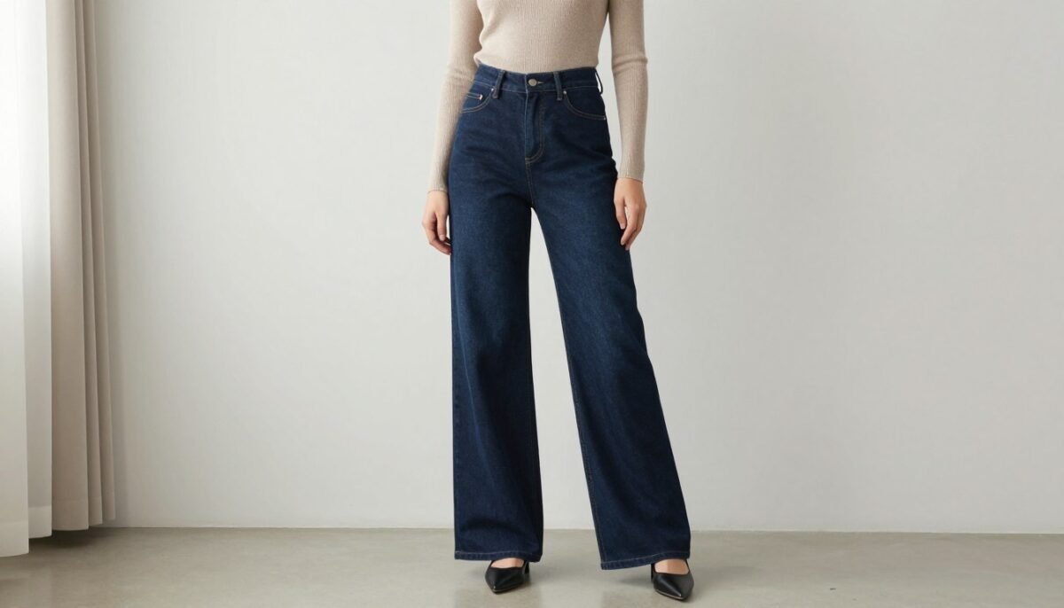 full body shot of woman in wide leg jeans and fitted top full body shot of woman in wide leg jeans and fitted top