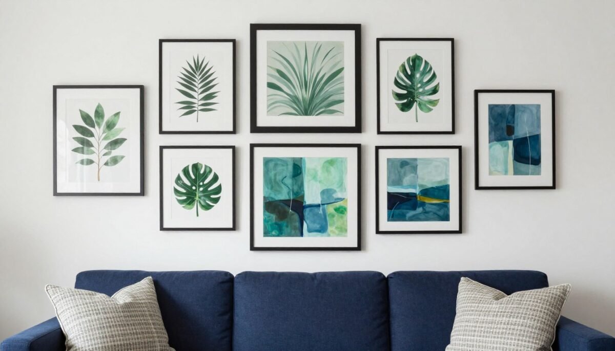 gallery wall with blue and green artwork above navy sofa