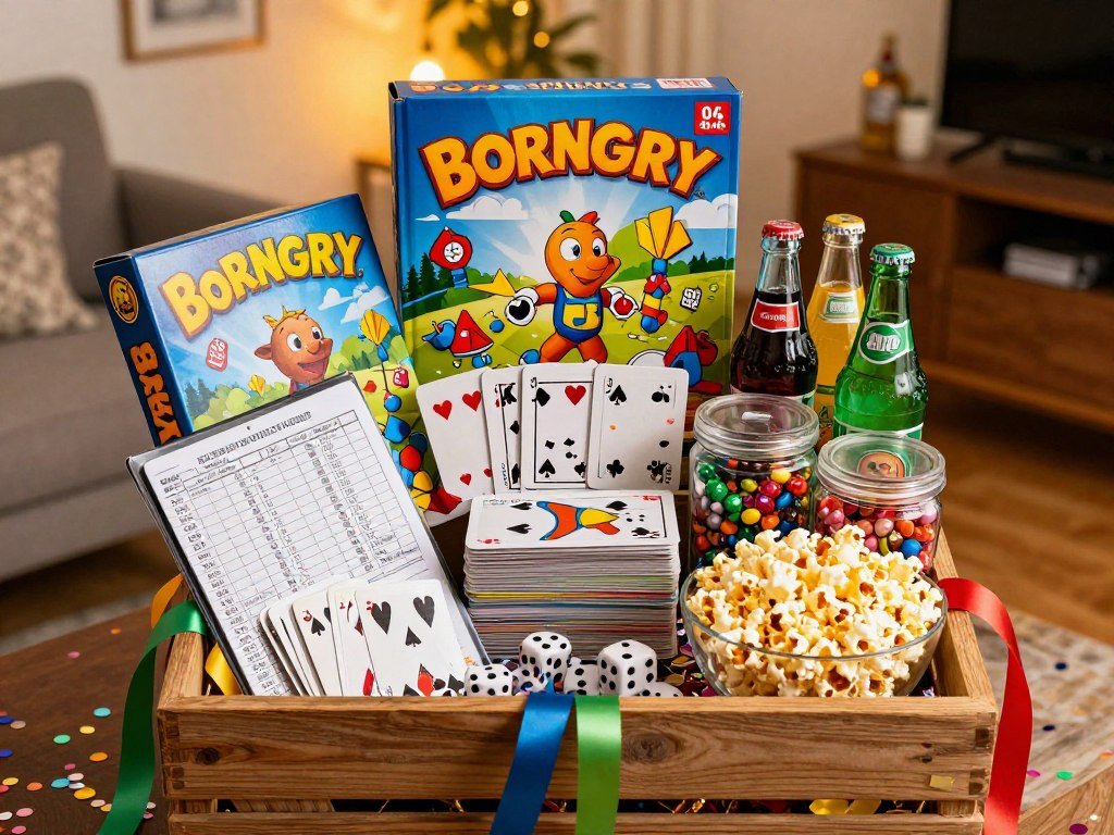 game night themed gift basket with board games and snacks