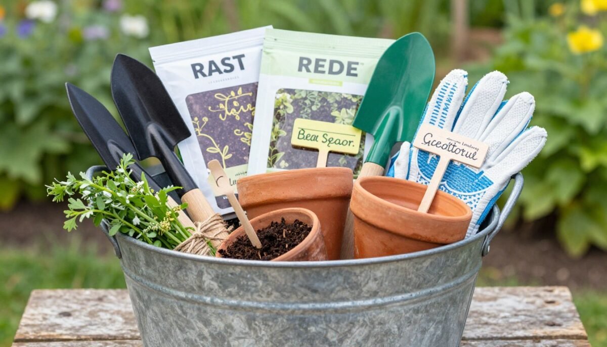 gardening themed gift basket with tools and seeds
