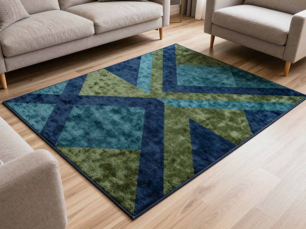 geometric blue and green area rug in neutral living room
