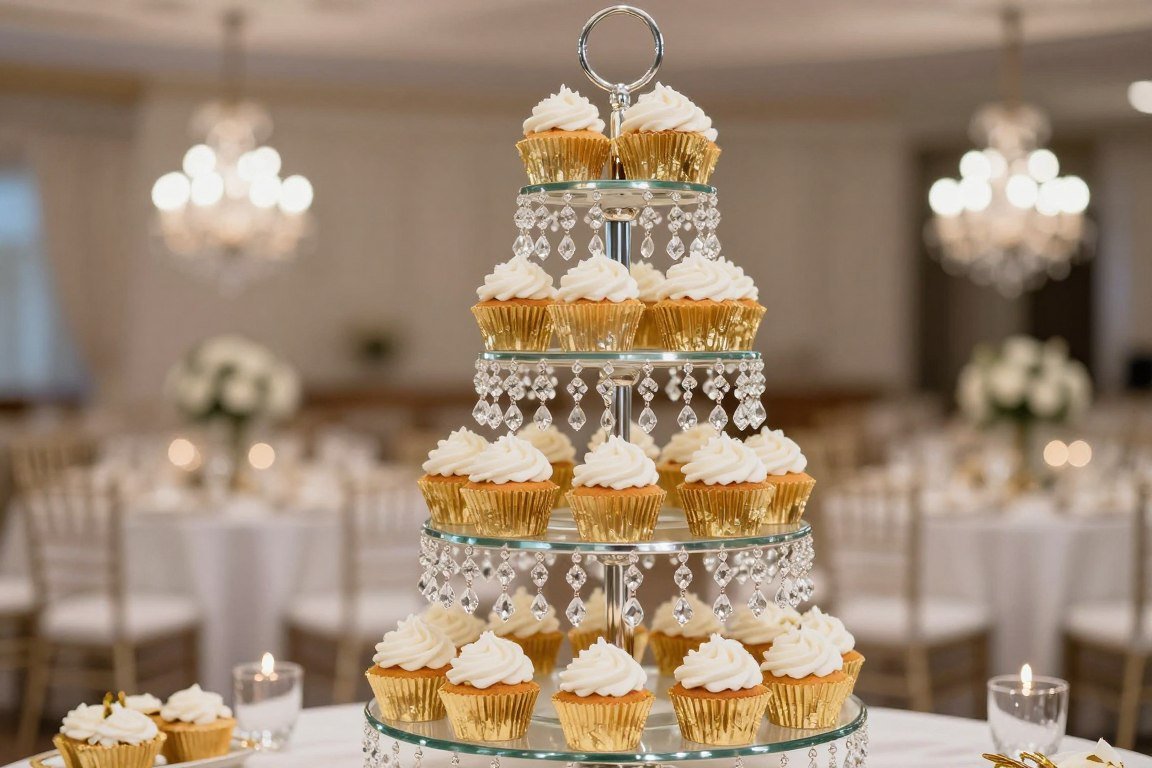 glamorous crystal chandelier style DIY cupcake stand with hanging crystals and elegant cupcakes