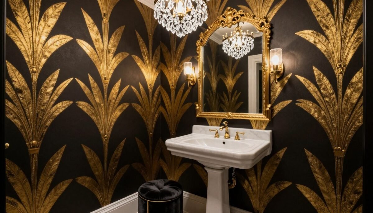 glamorous small powder room with black wallpaper featuring gold metallic pattern