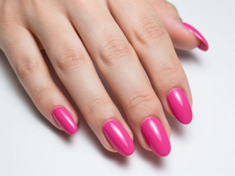 glossy hot pink nails on almond shaped nails with high shine finish