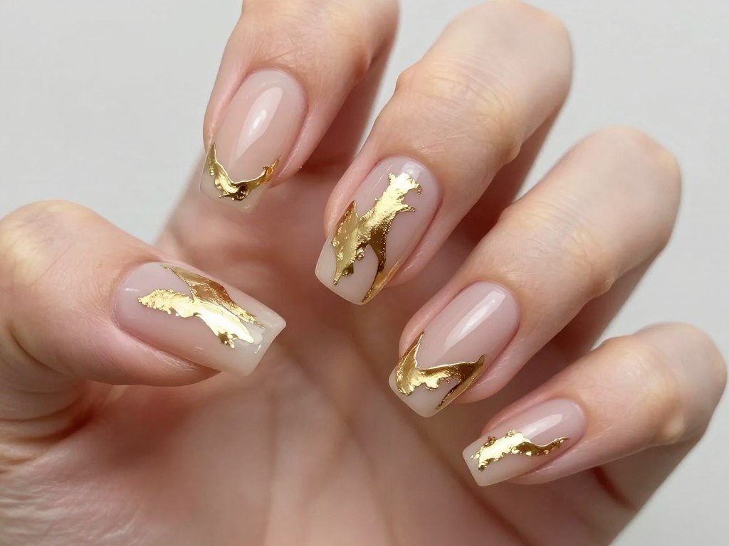 gold foil accent summer nails with metallic details