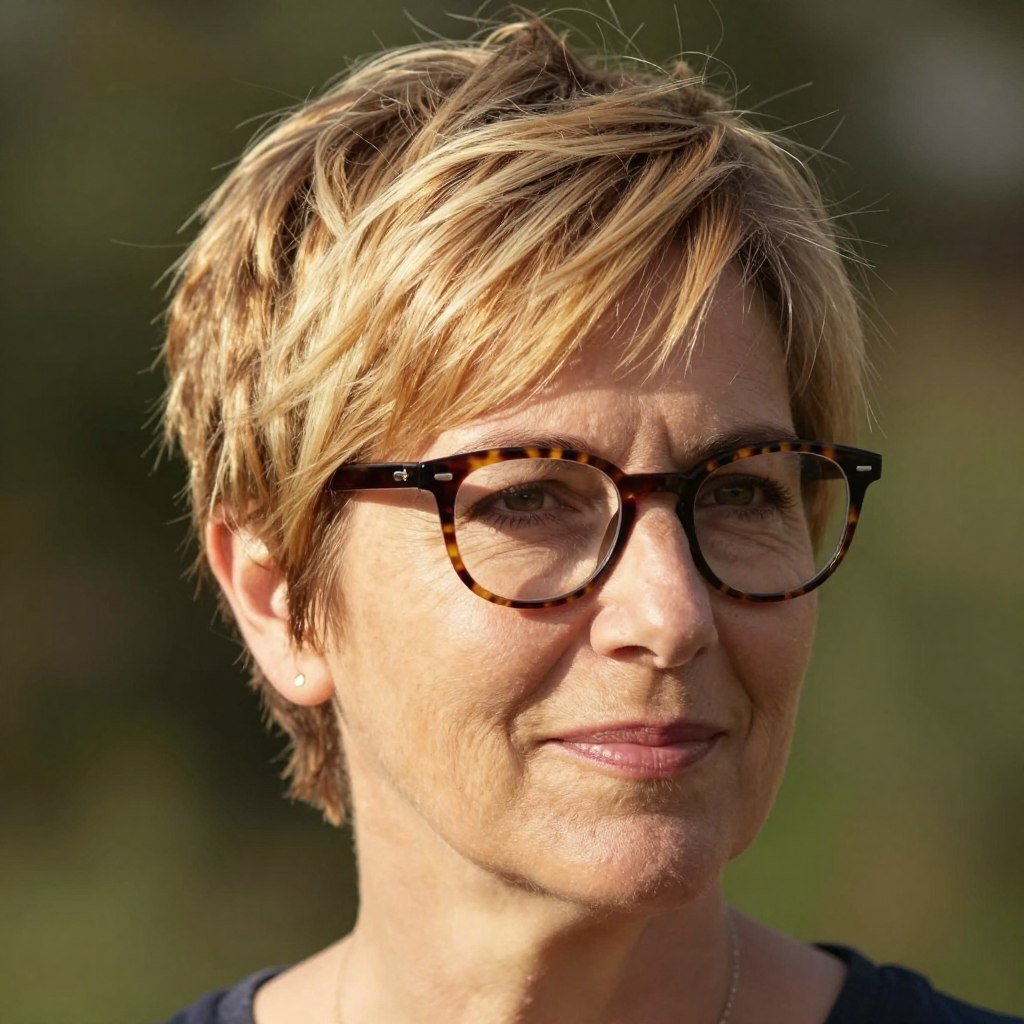 golden blonde pixie cut with tortoiseshell eyeglasses