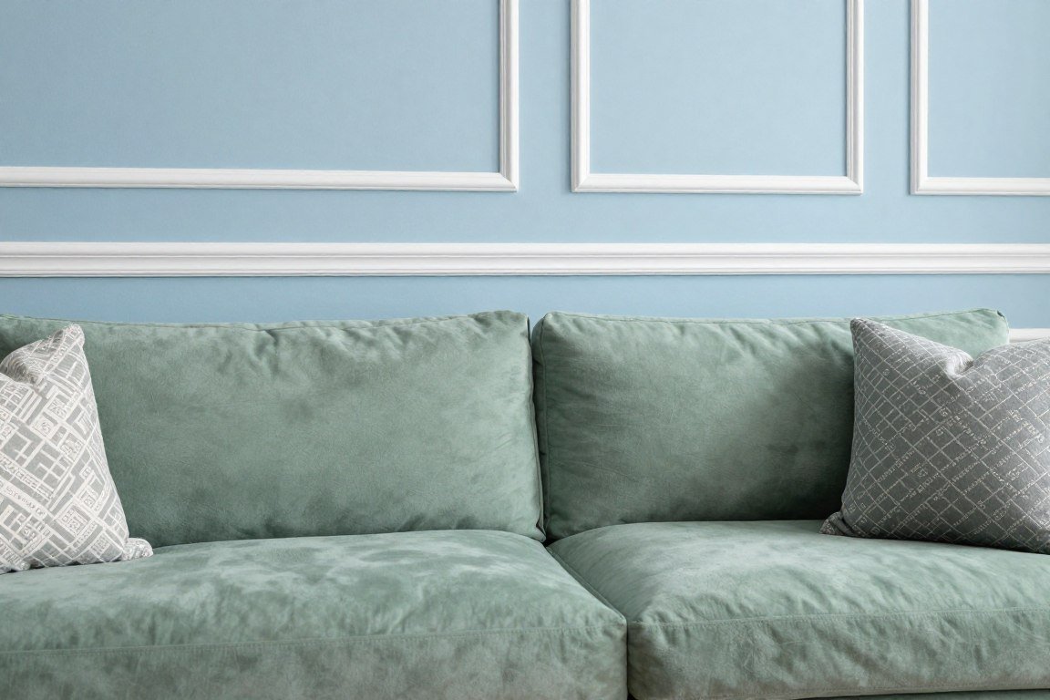 green sectional against blue wall corner detail