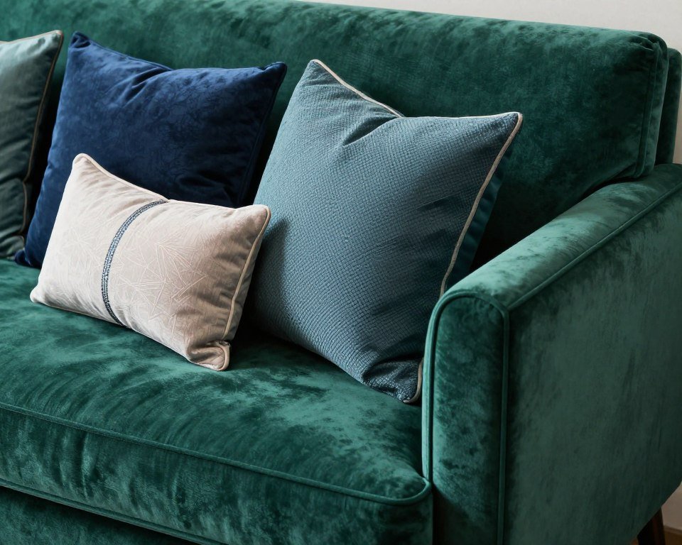 green velvet sofa corner with blue pillow arrangement