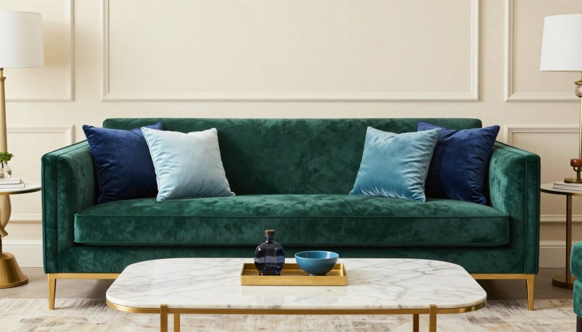 green velvet sofa styled with various blue pillows