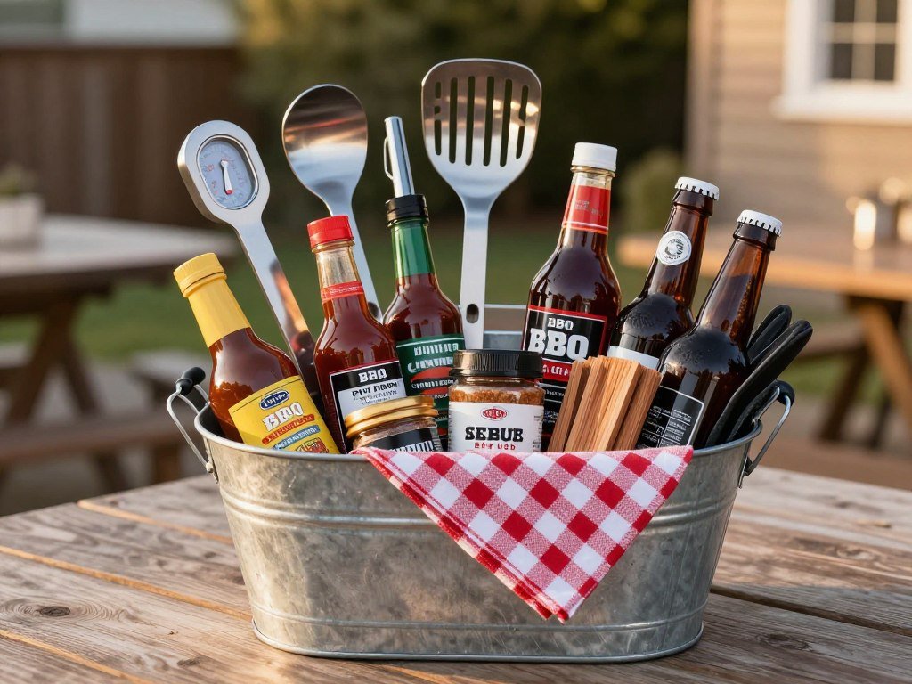 grilling themed gift basket with BBQ tools and sauces