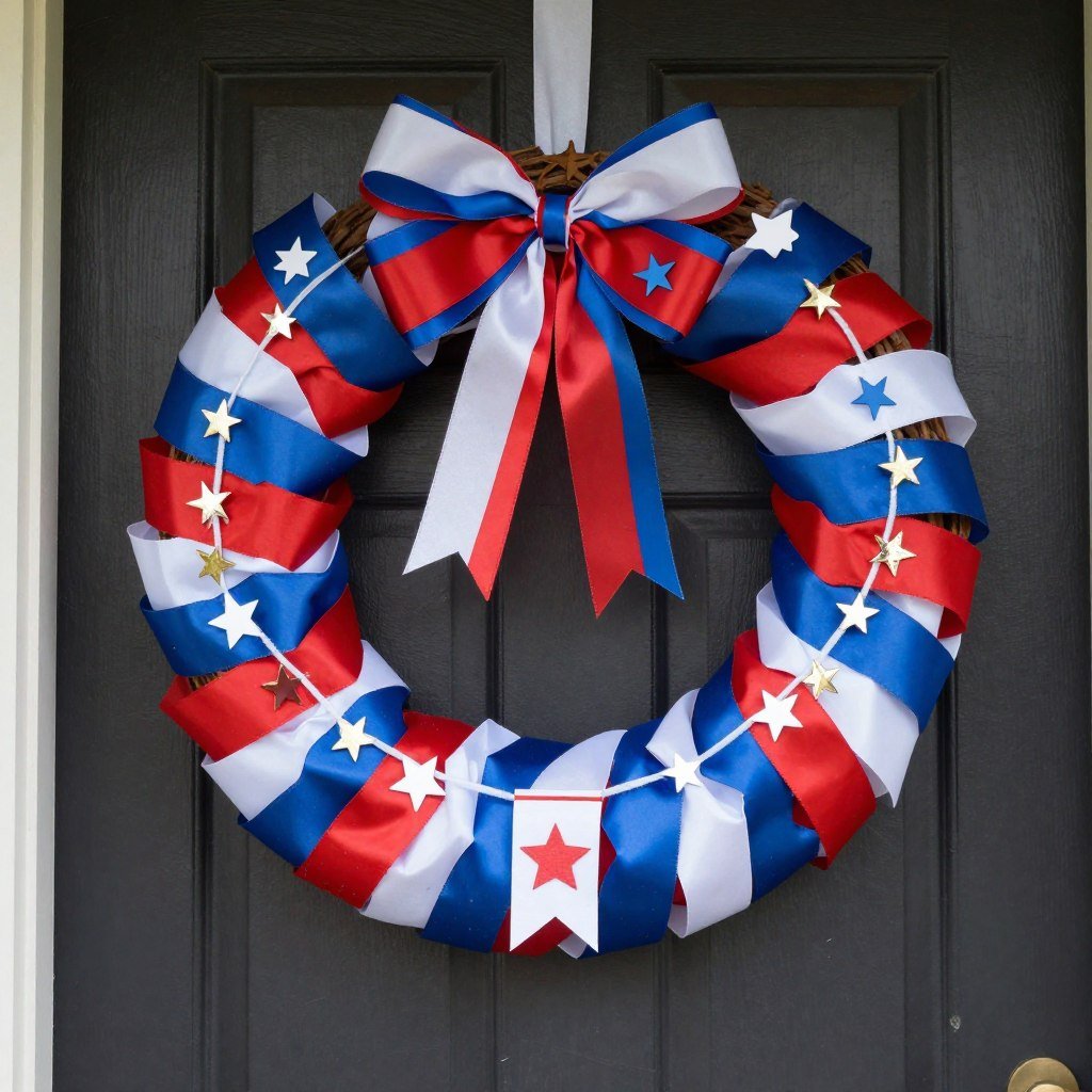 handmade patriotic wreath with red white blue ribbons on front door