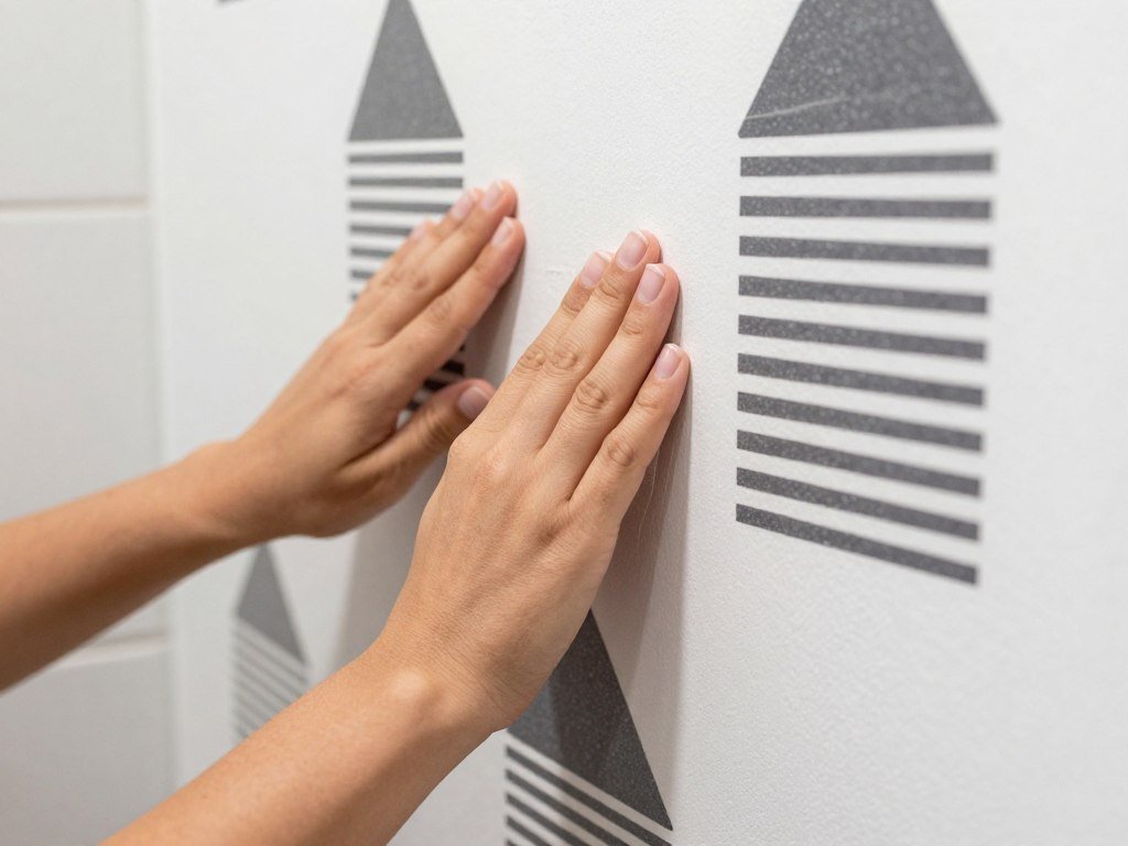 hands applying dark peel and stick wallpaper to bathroom wall