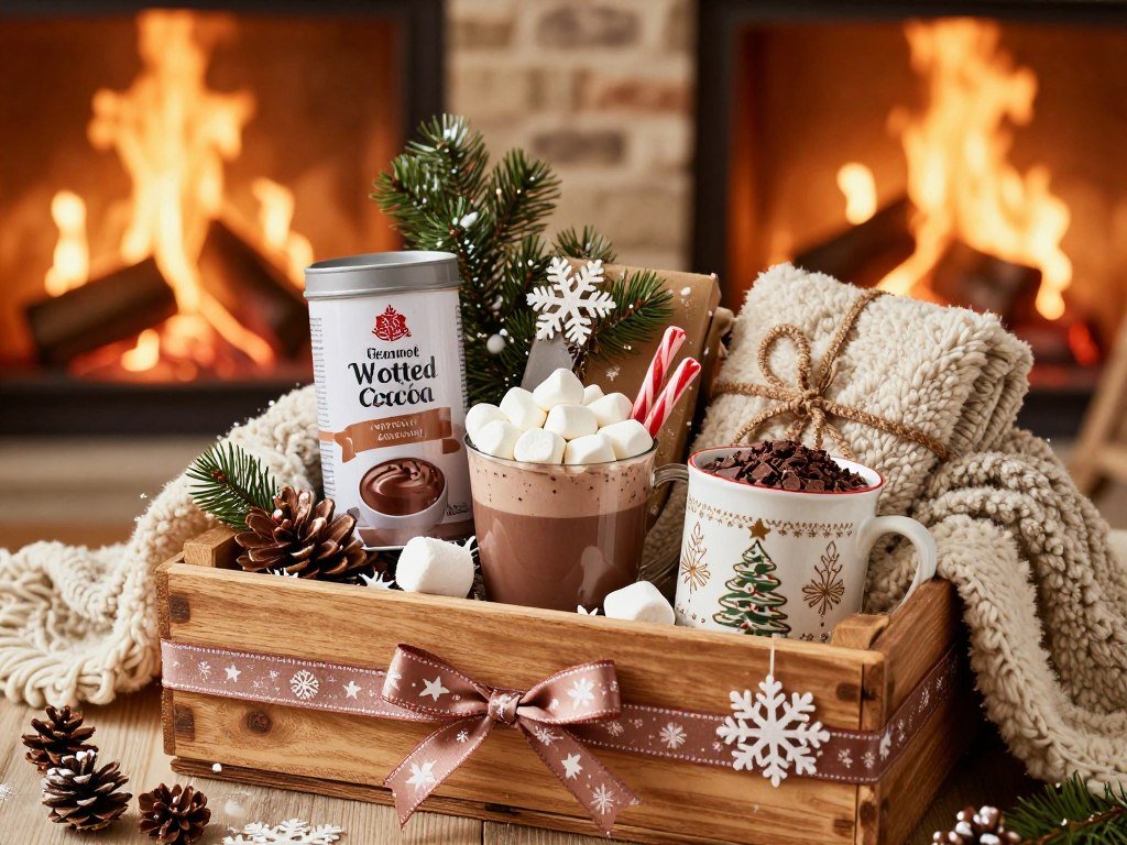 hot chocolate themed gift basket with mugs and toppings