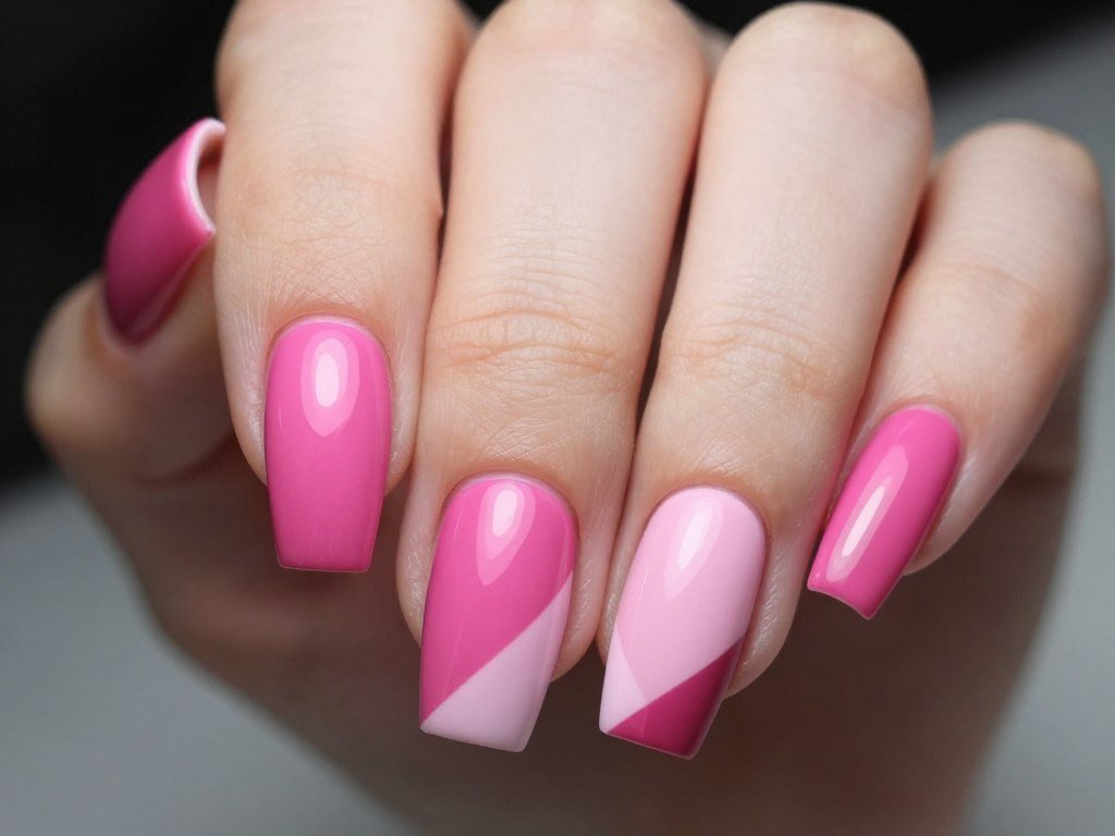 hot pink nails with color blocked sections in different pink shades