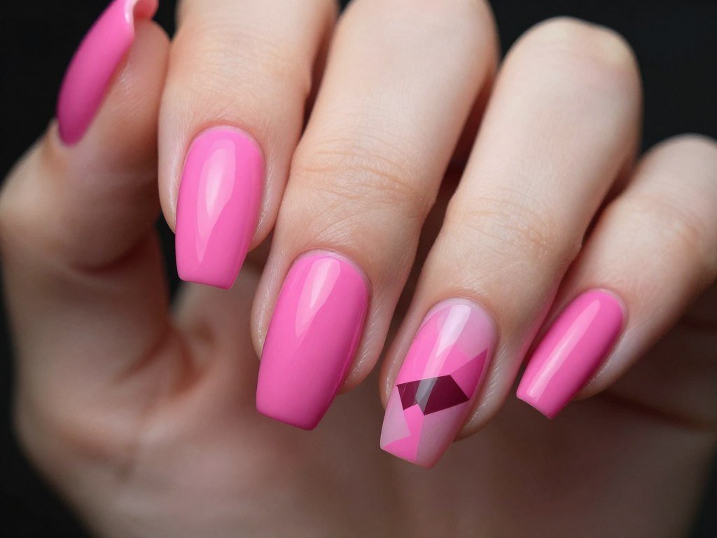 hot pink nails with geometric negative space showing natural nail through clear sections